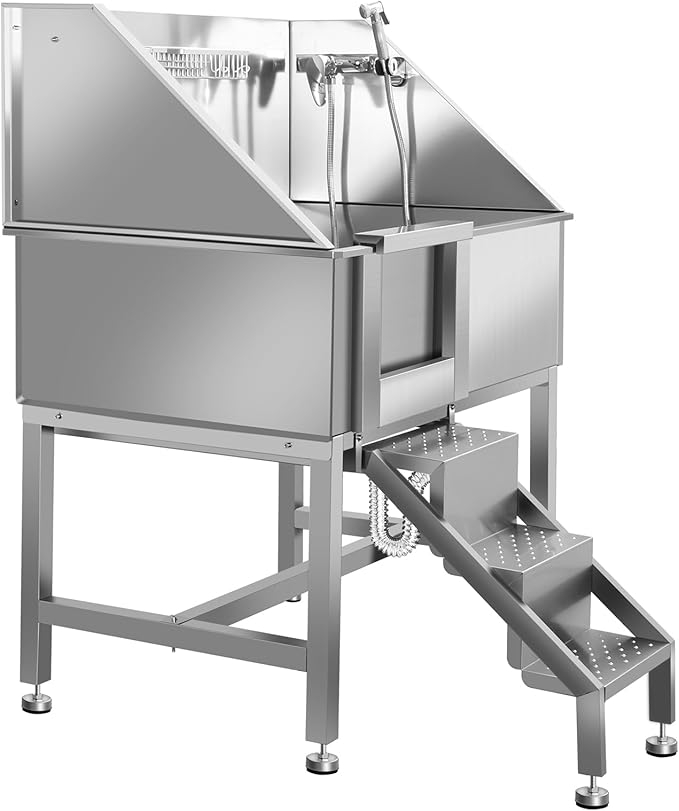 38" Pet Dog Bathing Station W/Ramp, Professional Stainless Steel Dog Grooming Tub W/Floor Grate, Faucet, Dog Bathtub for Large,Medium, Small Pets, Washing Sink for Home,L-RAMP