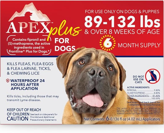 Apex Plus Flea and Tick Prevention for X-Large Dogs (89-132 lbs) | 6-Month Supply | Waterproof, 24-Hour Activation, 30-Day Protection
