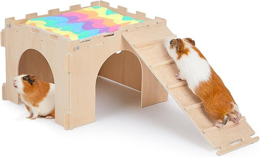 Guinea Pig Hideout, Guinea Pigs House with Stairs and Mats Extra Large Guinea Piggy Castle Detachable Hideouts for Small Animals Wooden Guinea Pig Habitats with Multiple Doors and Windows