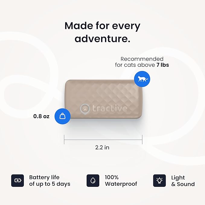 Tractive Smart Cat GPS Tracker | Real-Time Location & Wellness Monitoring for Cats 6.5 lbs+ | Territory & Location History | Up to 5-Day Battery | Breakaway Collar Included (Brown)