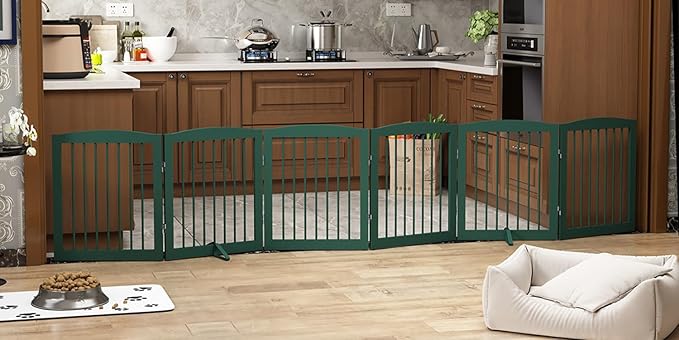Freestanding Pet Gate for Dogs, Foldable Wooden Dog Gate for House, Extra Wide Indoor Pet Barrier for Stair, Doorway, Hall, Support Feet Included, 120 Inch Wide, 6 Panels 24",Green