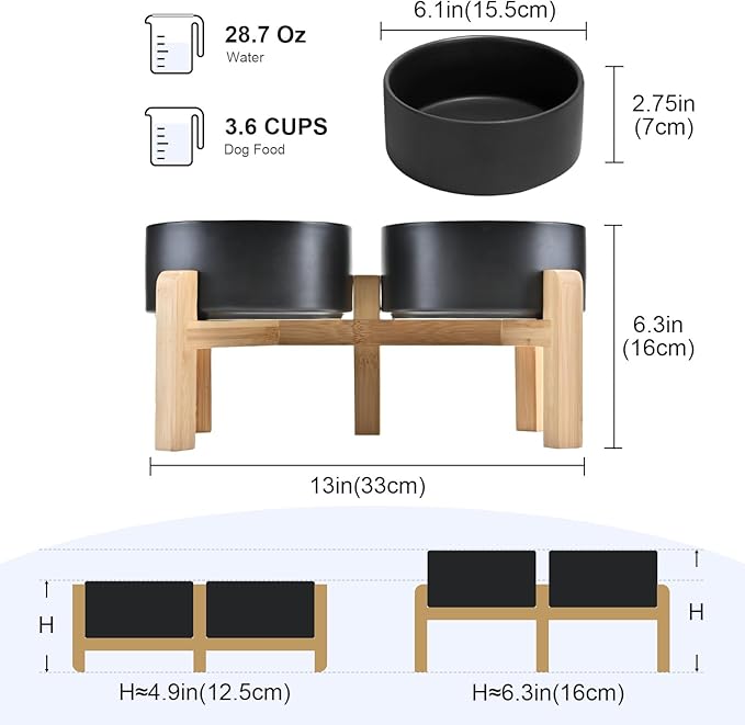 SPUNKYJUNKY Elevated Dog Bowls Ceramic, 6.1'' Dogs and Cat Food Water Bowls Raised with Non-Slip Bamboo Stand for Medium Sized Breed Microwave Dishwasher Safe - 28.7 OZ,Black