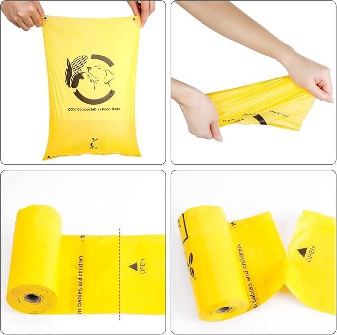 Certified Compostable Dog Poop Bags, 270 Count Landfill Friendly and Leakproof Waste Bags, Easy Open Unscented Maize Yellow Poop Bag for Dog, 15 Doggy Bags Per Roll (18 rolls)
