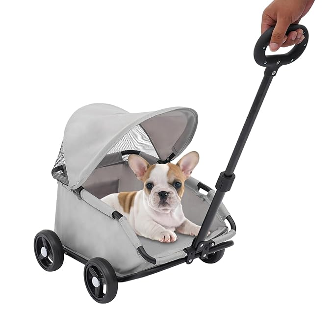 Small Dog Stroller, Pe4-Wheel Portable Dog & Cat Stroller with Semi-Open Design, Foldable Pet Cart with Canopy for Small Dogs or Cats Weighing Less Than 15.43 Pounds (Grey)