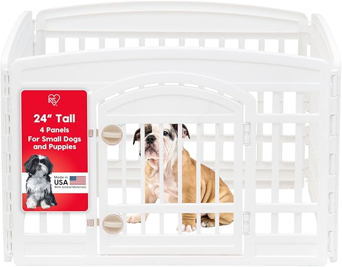 IRIS USA 24" 4-Panel Dog Playpen with Door, 35 x 35 x 24, Puppy Playpen, Dog Play Pen Indoors, Pet Fence, Puppies/Small Dogs, White
