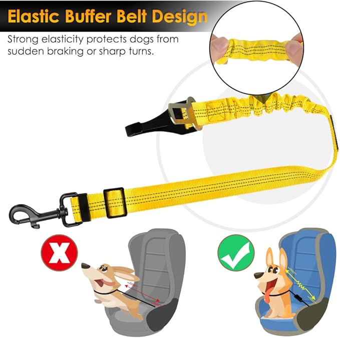 SlowTon Dog Harness, Adjustable Dog Seatbelt, 2 in 1 Latch Bar Attachment, Reflective Nylon Belt Tether, Yellow, 27.55in