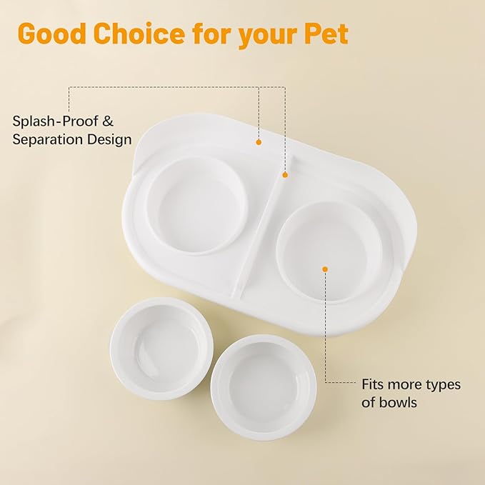 Elevated Cat Bowls, Tilted Rised Cat Food and Water Bowl with 2 Pcs Ceramic Pet Bowls, Rised Stand, Pet Dish Anti Vomiting Feeding Station for All Sized Cats & Small Dogs (White)