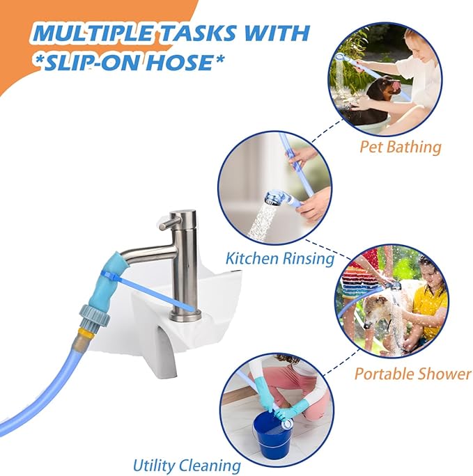 Slip-On Shower Hose Attachment with 6 Ft Hose - Faucet & Tub Faucet Adapter for Pet Bathing, Kitchen Sink, Portable Handheld Shower Head (Crystal Blue)