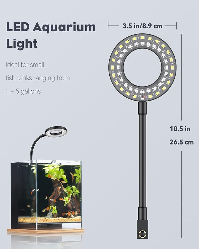 Pawfly 6 W LED Aquarium Light for 1 to 5 Gallon Fish Tanks Clip On Fish Tank Light USB Moving Aquarium Lamp with Full Spectrum Dimmable White Blue Red Green Lights with Timer (Adapter Not Included)