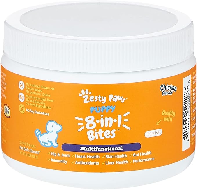 Zesty Paws Dog Multivitamin, Chewable Dog Vitamins and Supplements for Hip & Joints, Skin & Coat, Omega 3 Fish Oil for Dogs- Puppy Multivitamin - Chicken Puppy Bites- 90ct