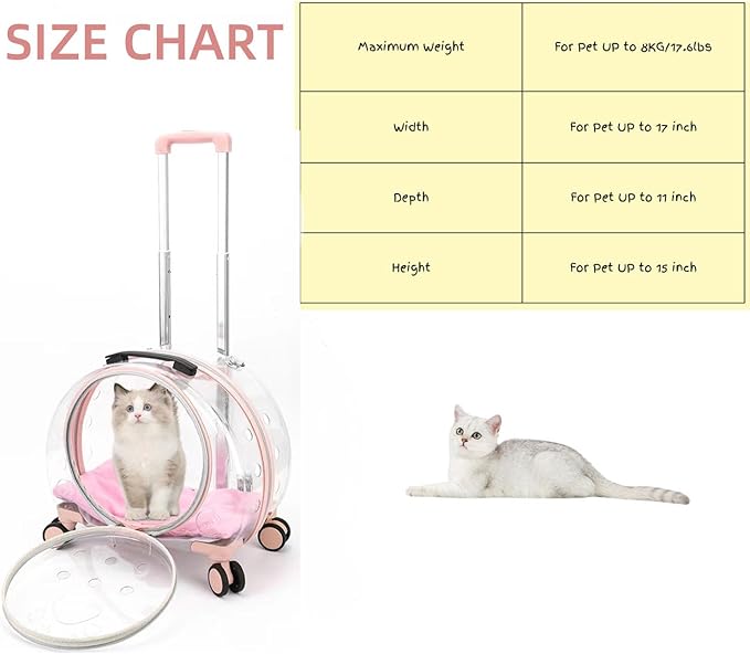 Transparent & Fully Breathable Hard cat Carrier with Rolling Wheels for Dogs, Cats, Multiple Carrying Options, Perfect for Traveling/Taking a Walk
