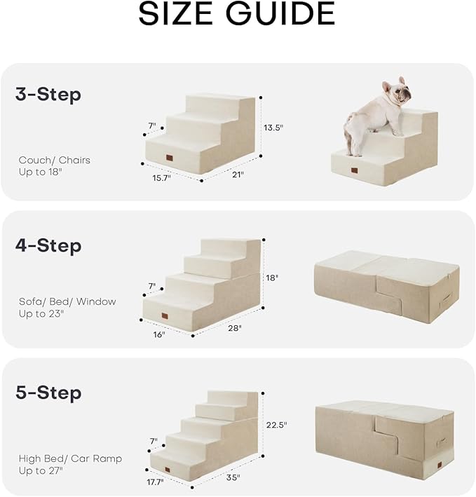 Dog Stairs for High Bed, Dog Steps for Bed Couch Sofa, 35D Foam Extra Wide Pet Steps for Small Dogs and Cats, Pet Stairs with Non-Slip Bottom Beige, 4 Steps