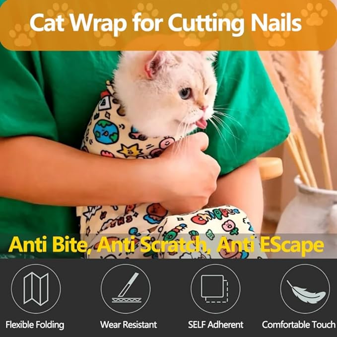Magic Cat Wrap for Cutting Nails & Grooming, Self Adherent Fabric Wrap for Cats, Multi Functional Pet Grooming Towel Blanket, Wrap Snug and Groom for Cats, 21.7 in, Under 11 Ibs
