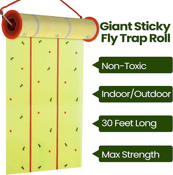 Qualirey Giant Sticky Fly Traps,30 Feet Fly Strips for Indoor Outdoor Hanging Flying Tapes Non Toxic Ribbon Fruit Gnat Killer for Mosquito Plants House Horse Stable (Yellow,1 Pcs)
