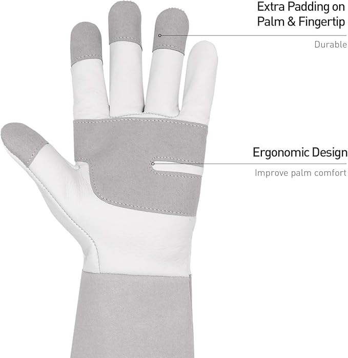 HANDLANDY Long Gardening Gloves for Men & Women, Thorn Proof Rose Pruning Gloves Leather Gauntlets Garden Glove Yard Work Glove (Medium, Grey)