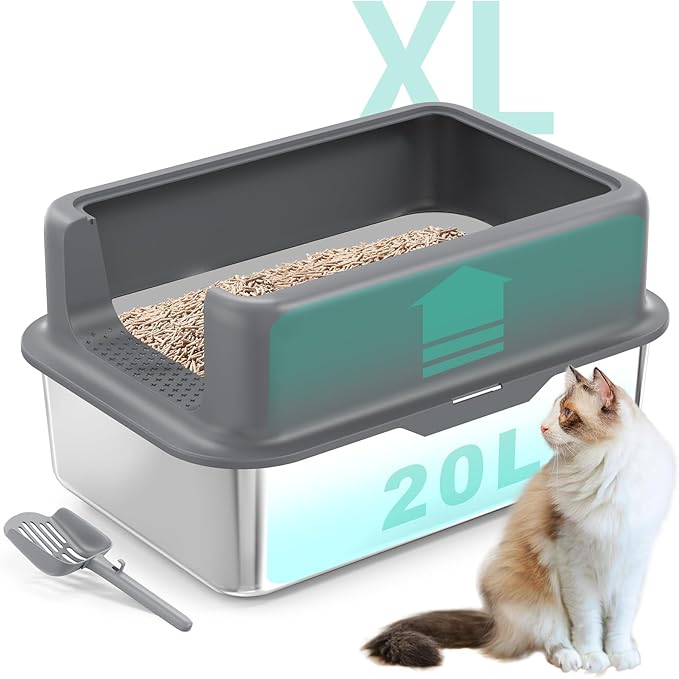 XL Cat Litter Box,24" Stainless Steel Litter Box,Large Big Cats,Extra Large Kitty 17" High Wall Sides Enclosure,Non-Sticky Easy Cleaning,Include Litter Scoop