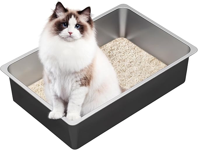 Ohtomber Stainless Steel Litter Box - Large Metal Cat Litter Box Pan High Sided, Never Absorbs Smell, Easy to Clean Non Stick Litterbox Tray Toilet Pet Supplies for Indoor Big and Small Cats, Kitten