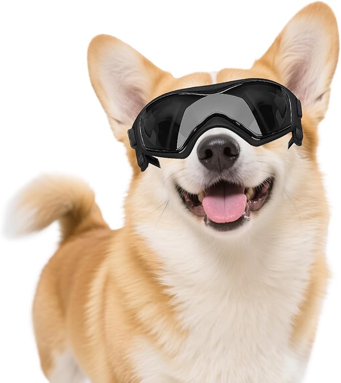 Dog Goggles Dog Sunglasses for Medium Breed UV Protection Windproof with Adjustable Head Straps Chin Straps for Ride Car/Hiking Travel/On Beach-Black