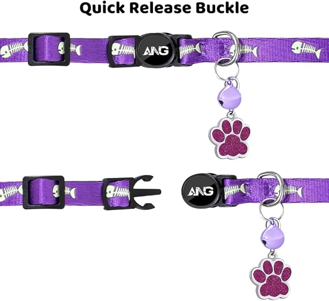 Personalized Breakaway Cat Collars Glow-in-The-Dark with ID Tag, Bell - Safety Quick - Release, Customizable for Female Male Kittens & Cats (Purple)
