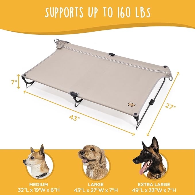 Daisy Cot, Large Foldable Elevated Dog Bed, Portable Raised Outdoor Folding Dog Cot, Cooling, Chew Proof, Waterproof, Heavy Duty Up to 160 Lbs for Camping/Home, Brown, 43"x27"x7”