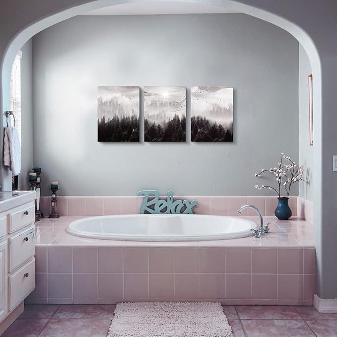 Framed Canvas Art - Boho Wall Decor Set of 3: Foggy Forest Trees Scenery for Living Room, Bedroom, Office, Farmhouse, Home Decoration