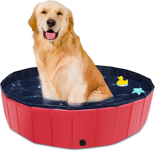 Foldable Dog Pool, 39" x 12" Kiddie Pool with Hard Plastic, Non-Slip Dog Bath Tub for Outdoor Backyard, Collapsible Dog Swimming Pool for Kids Dogs Pets (Red)