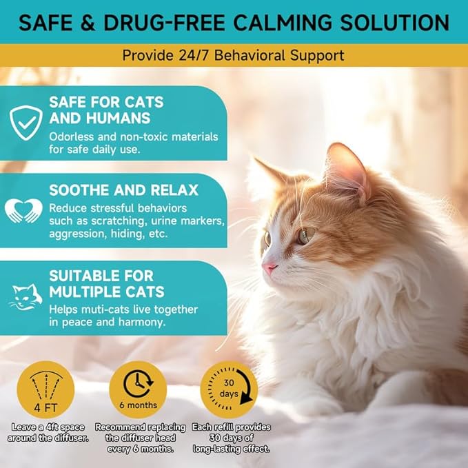 Cat Calming Diffuser - Cat Pheromones Calming Diffuser for Cat Anxiety Relief 6-in-1 Cat Pheromone Diffuser Kit with 2 Diffuser + 4 Refill 48ml Vial - 120 Days Pheromone Diffuser to Calm Cats