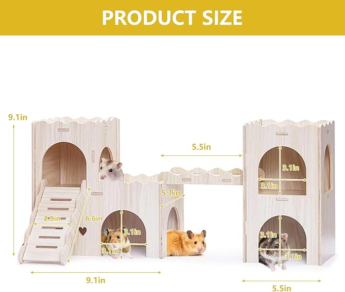 Large Wooden Hamster House Castle with Double Decker,Large Hamster, Wooden Hamster Houses,Dwarf Hamster Habitat Hideout with Climbing Ladder,Large Guinea Pig Castle Detachable Hideouts(B)