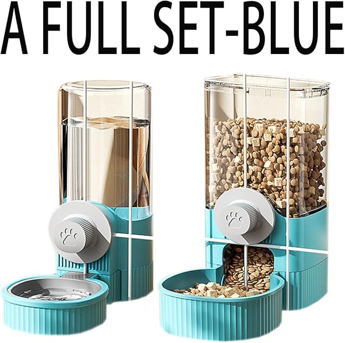 Hanging Automatic Bunny Food Water Dispenser, Gravity Rabbit Cage Feeder and Water Dispenser Ferret Cages Accessories, Cage Cat Food Bowl, for Chinchilla Guinea Pig Hedgehog (Blue)