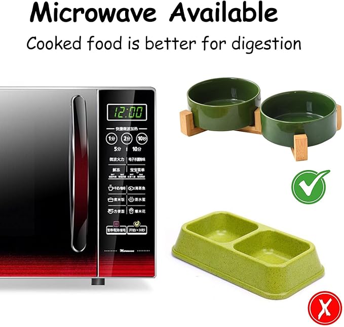 Petygooing Dog Bowls,Ceramic Cat Dog Bowl Set with Wood Stand for Food and Water,Non-Slip Cute Modern Pet Dish for Cats and Small Size Dogs (13.5OZ/5.1 in) Rust Green