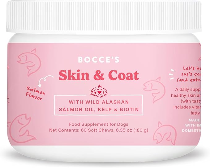 Bocce's Bakery Skin & Coat Supplement for Dogs, Daily Chews Made in The USA with Vitamin E & Essential Fatty Acids, Supports Healthy Skin & Coat, Salmon, 60 ct, Red (DG-SP-SKIN60)