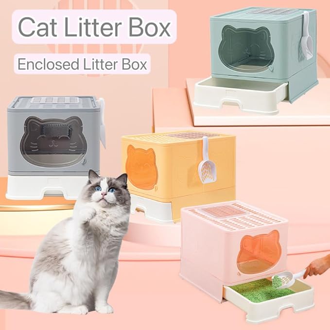 Top Entry Cat Litter Box with Lid, Anti-Splash Foldable Cat Litter Box with Activated Carbon Keeping Air Fresh, Drawer Type Easy to Clean, Large (Grey)
