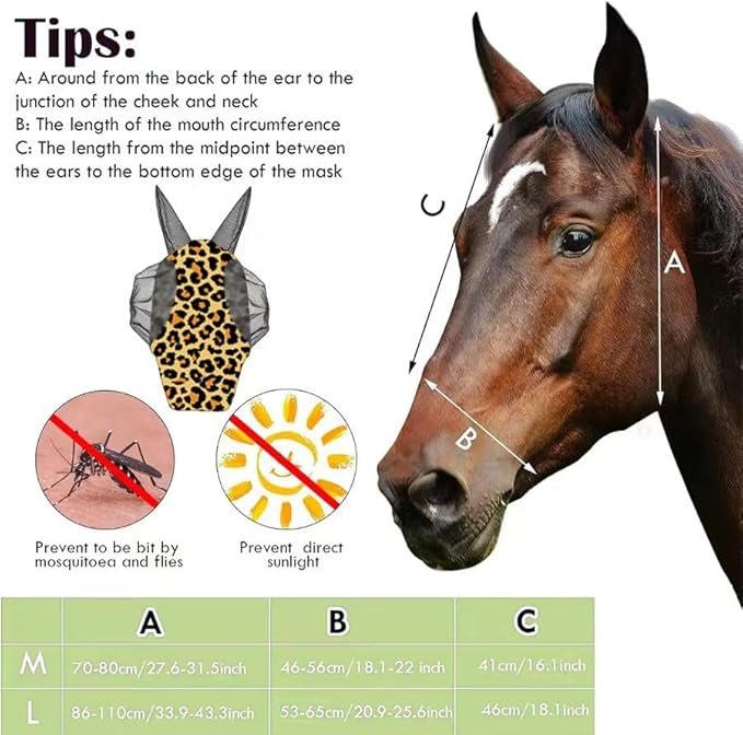 Horse Fly Mask with Ears - Comfort Fit, Durable & Breathable, Easy to on/Off | UV Protection, Large Eye Space, Stretchy Leopard Print (2pcs Large, Tangle-Free)