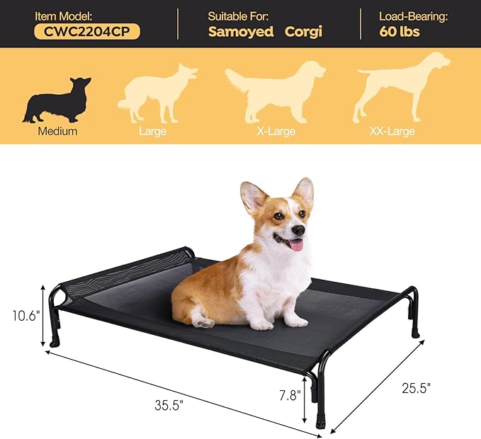 Veehoo Outdoor Elevated Dog Bed, Raised Dog Cot for Small Medium Dogs, Cooling Washable Waterproof Pet Hammock Beds with Slope Headrest, Breathable Mesh and Sturdy Frame, M, Black, CWC2204