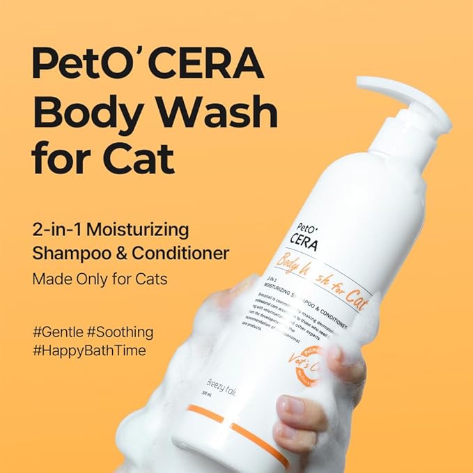 PetO’Cera All-in-One Cat Shampoo and Conditioner | Hypoallergenic Cat Skin & Coat Care | Itch Relief, Moisturizing & Rejuvenating | Veterinarian Approved and Formulated (10.1oz, 300ml)