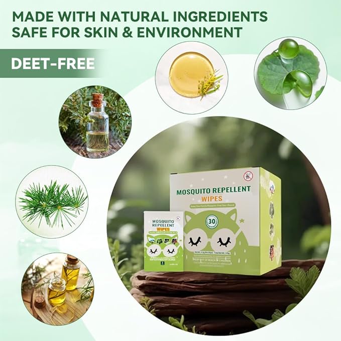 30 PCS Mosquito Repellent Wipes, Individually Wrapped Insect Repellent Wipes Made of Natural Plant-Based Essential Oils, Safe & Effective Insect Protection Perfect for Outdoor Activities, Long-Lasting