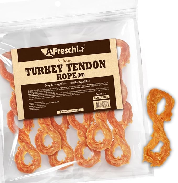 Afreschi Natural Turkey Tendon Rope (M) 10 oz Rope, USA-Sourced Turkey Tendon, All Natural Puppy Chew, Hypoallergenic, Rawhide Alternative, for Medium Breeds
