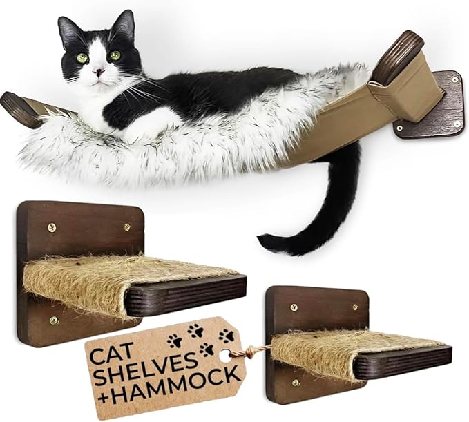 Multi-Level Cat Wall Hammock with Plush Cushion and Two Steps - Shelves Set with Perches for Playing, Climbing, and Sleeping - Wooden Cat Wall Bed