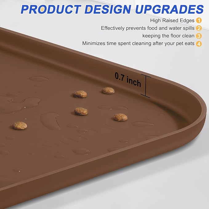 Silicone Pet Feeding Mat with Raised Edge for Food and Water, Dog Bowl Mats, Cat Bowls Placemat with High Lip for Floor Waterproof, Rubber Tray for Cats and Dogs 19 x 12 x0.7 Brown