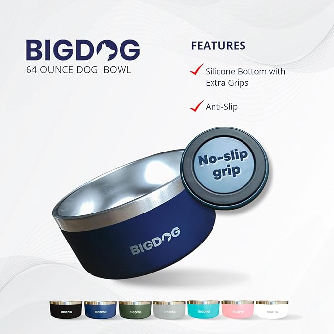 BIGDOG Large Dog Bowls, Stainless Steel Dog Food and Water Bowl (64 Ounce, Army Green)