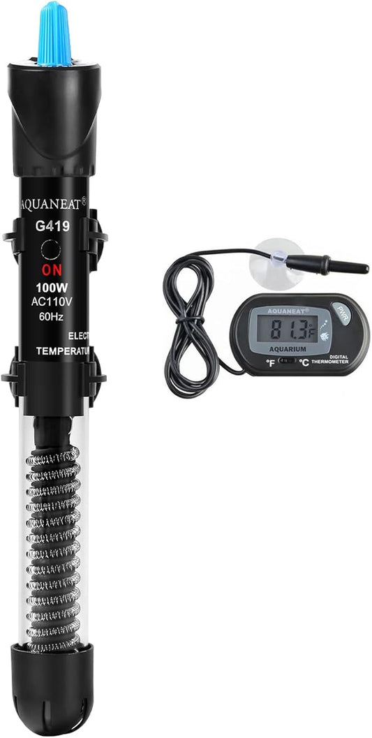 AQUANEAT Aquarium Heater, 100W Fish Tank Heater, Adjustable Submersible Water Thermostat with Digital Thermometer