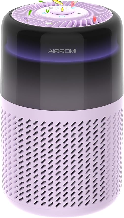 AIRROMI Air Purifier for Bedroom Home,HEPA Filter,Covers Upto 549 Ft²,Quiet 360°intake Air Cleaner with Fragrance ponge for Better Sleep,Night Light,Filters Smoke,Pet Dander,Allergies,Dust,A2005Purple