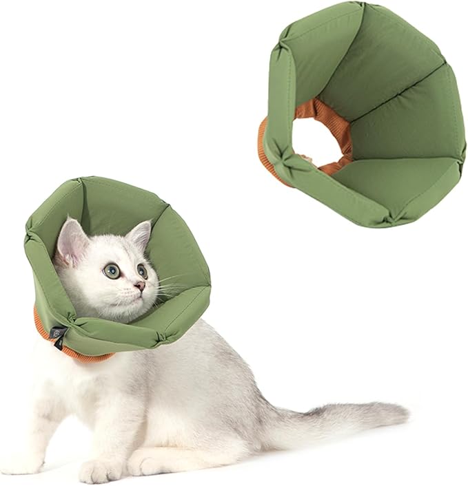 Cat Cone Collar - Soft Waterproof Elizabethan for Cats, Cute Green Flower Anti-Lick Recovery Collar, Adjustable Healing Collar for Wound Care & Surgery，S