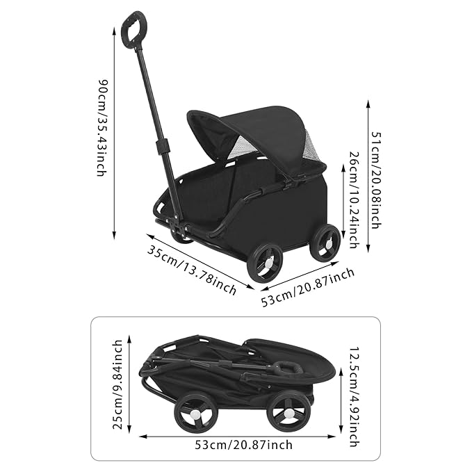 Small Dog Stroller, Pe4-Wheel Portable Dog & Cat Stroller with Semi-Open Design, Foldable Pet Cart with Canopy for Small Dogs or Cats Weighing Less Than 15.43 Pounds (Black)