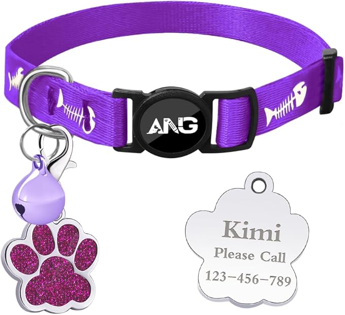 Personalized Breakaway Cat Collars Glow-in-The-Dark with ID Tag, Bell - Safety Quick - Release, Customizable for Female Male Kittens & Cats (Purple)