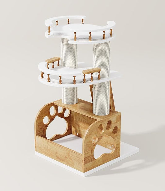 Modern Cat Tree, Solid Wooden Cats Tower, 37" Luxury Cats Trees Condo for Large Cat, Multi-Level Cat Tree Tower Natural Cat House Furniture, with Scratching Posts, Removable Washable Cushions