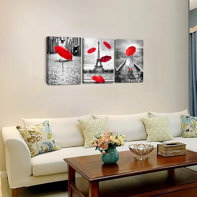 Black and white landscape Eiffel Tower 3 Piece Wall Art for Living Room Bathroom Decorations Kitchen Wall decor modern red umbrella Poster Canvas Print Office Bedroom Home Decoration wall paintings