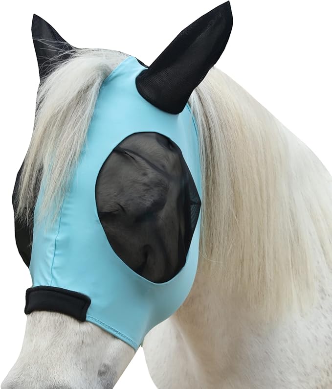 Horse Fly Mask with Ears - Large Eye Space for Full Vision, Breathable Stretch Comfort Fit, UV Protection, Forelock Opening, Easy Pull-On Paleblue Full
