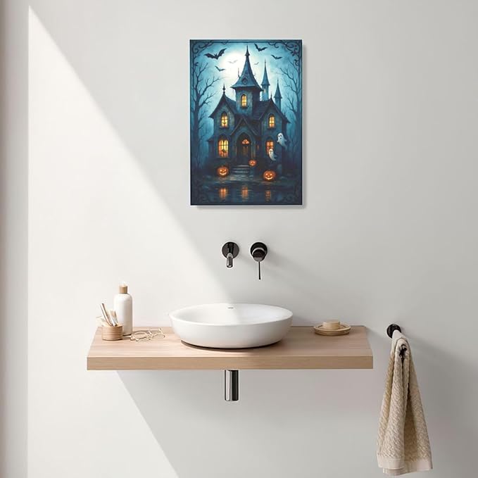 Halloween Gothic Wall Art Castle Pumpkin Ghost Bat Canvas Wall Decor Dark Academia Pictures Painting Print Framed Artwork Decorations Gifts for Halloween Living Room Bedroom Office 16"x24"