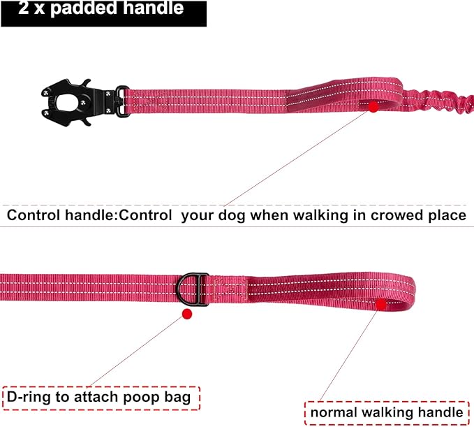 ICEFANG Tactical Dog Leash,K9 Training Walking Bungee Lead with 2 Control Handle,Heavy Duty Quick Release Metal Clasp,for Medium Large Breed (Reflective Pink, 6 FT)